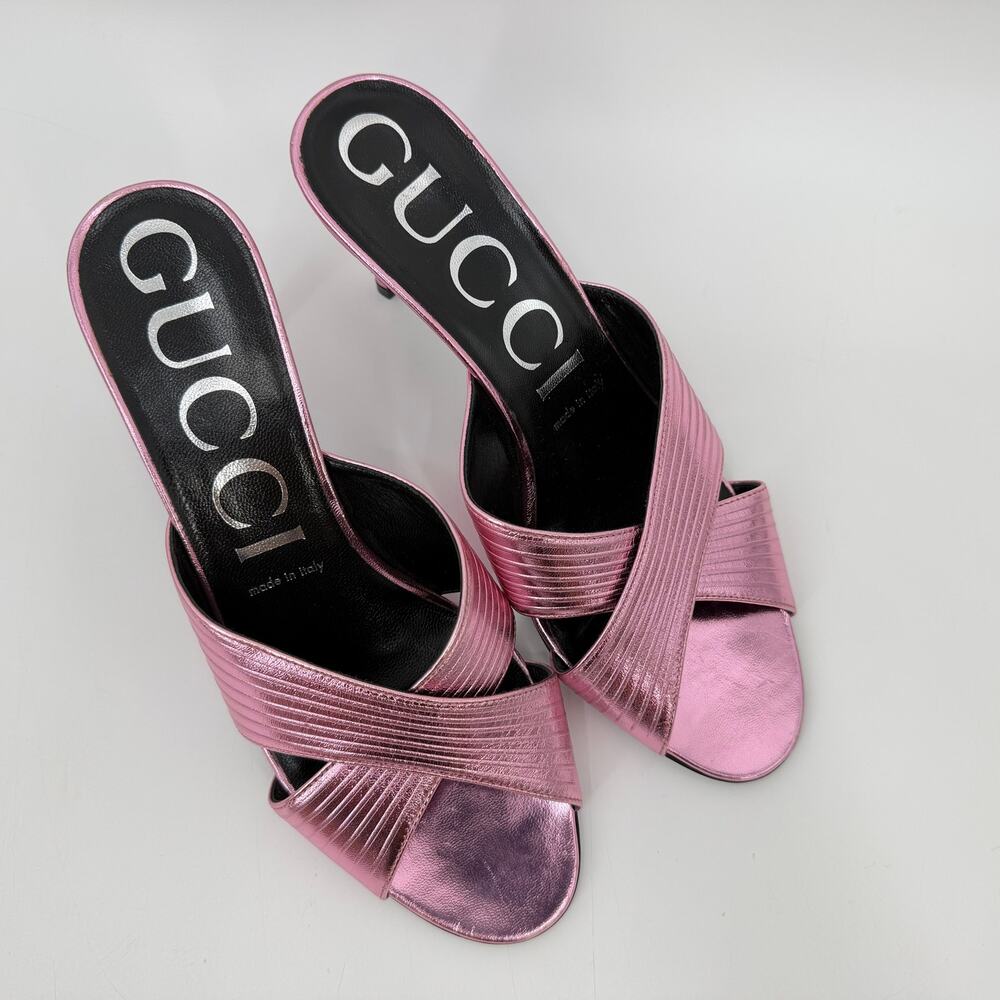Gucci | Betsy Crossover Mules in Metallic Pink Leather Stiletto Sandals 38